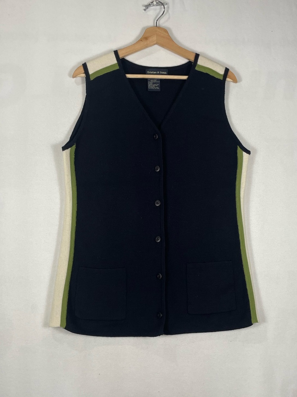 Vintage Tristan & Iseut Merino Wool Blend V Neck Button Vest Green Stripe Sz M